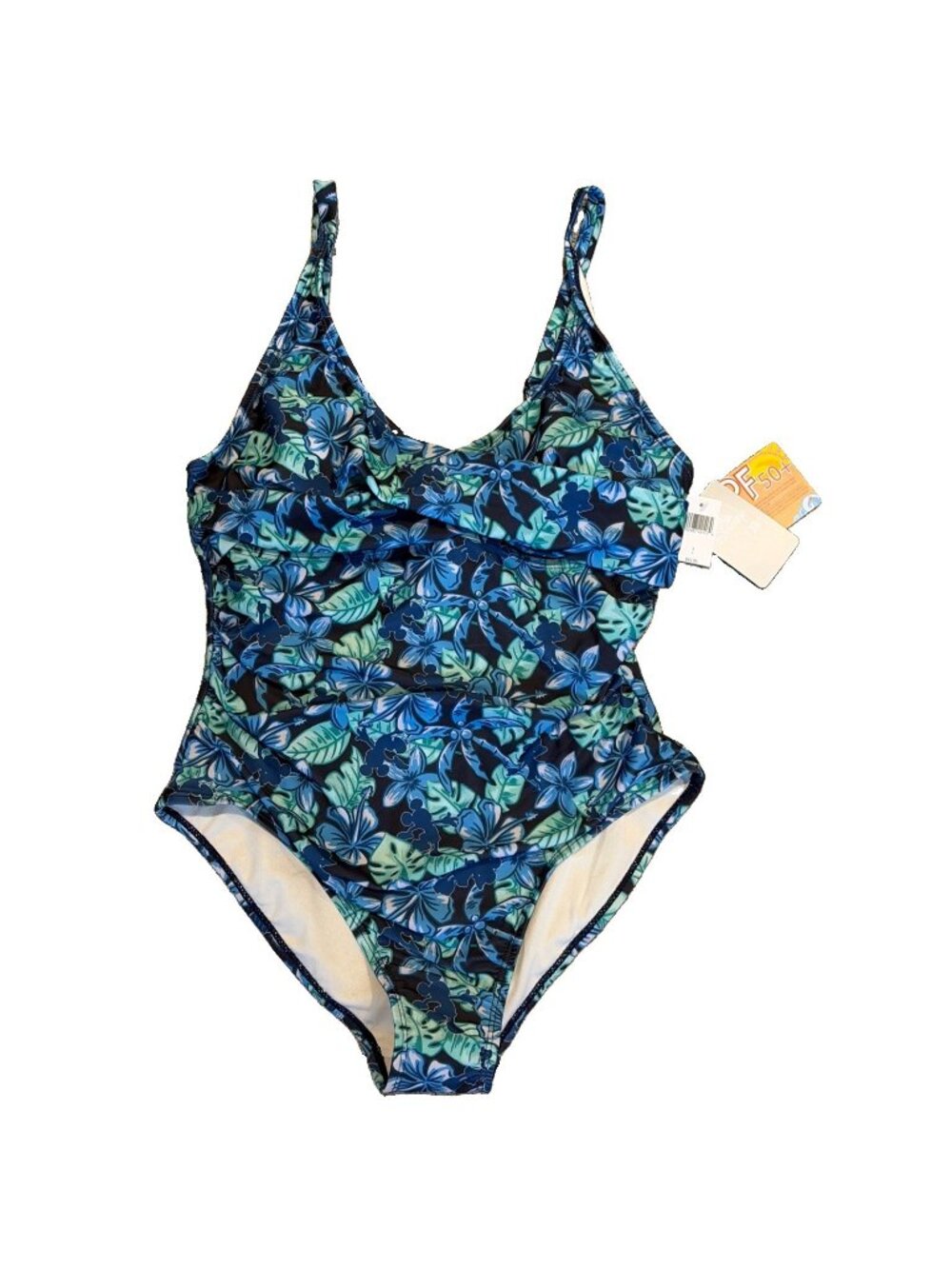 Disney Mickey Mouse Tropical Print One Piece Swimsuit Women's L Blue UPF 50 NWT